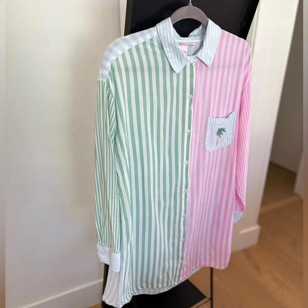 Victoria Secret cotton Pajama Shirt Colorful Stripes Button Down Cotton Dress - Picture 2 of 10